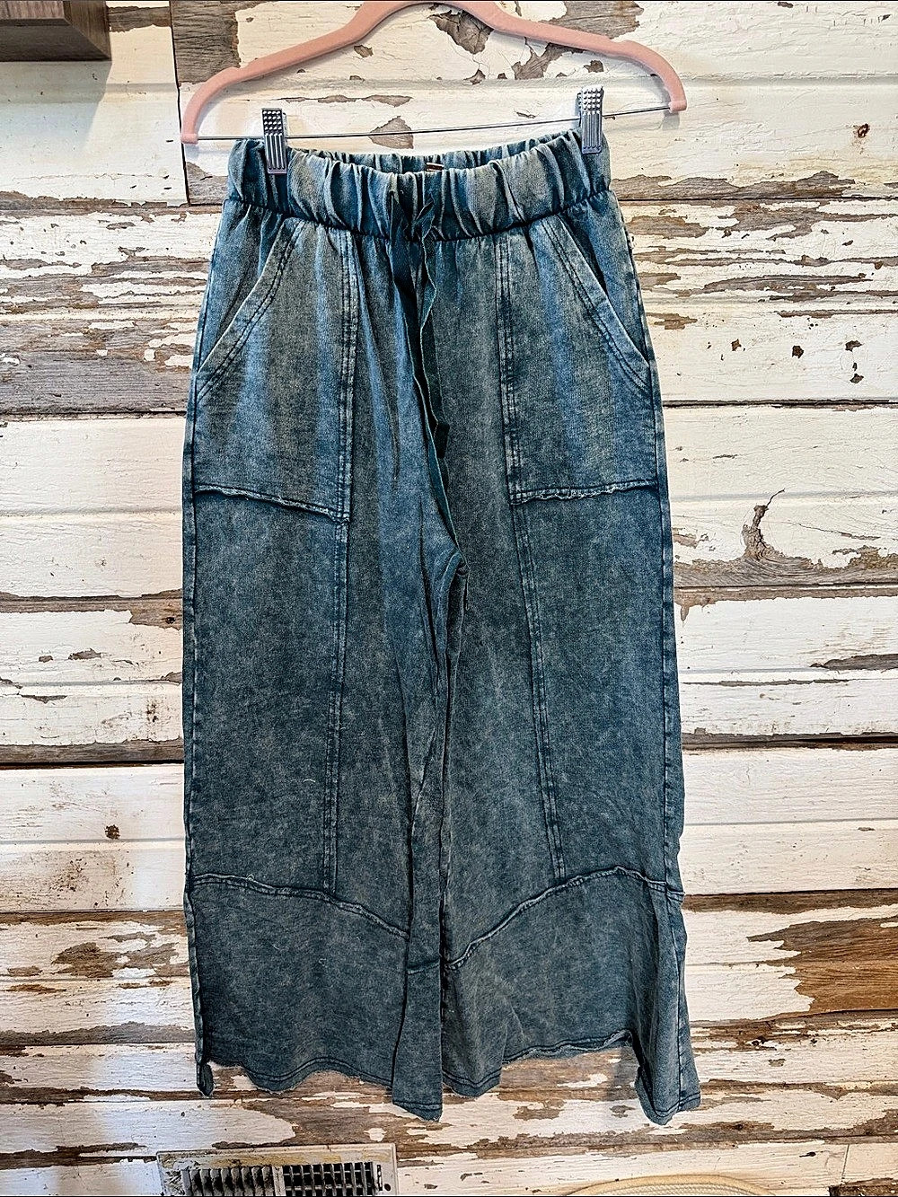Zenana Mineral Wash Wide Leg Pants Blue Small (54